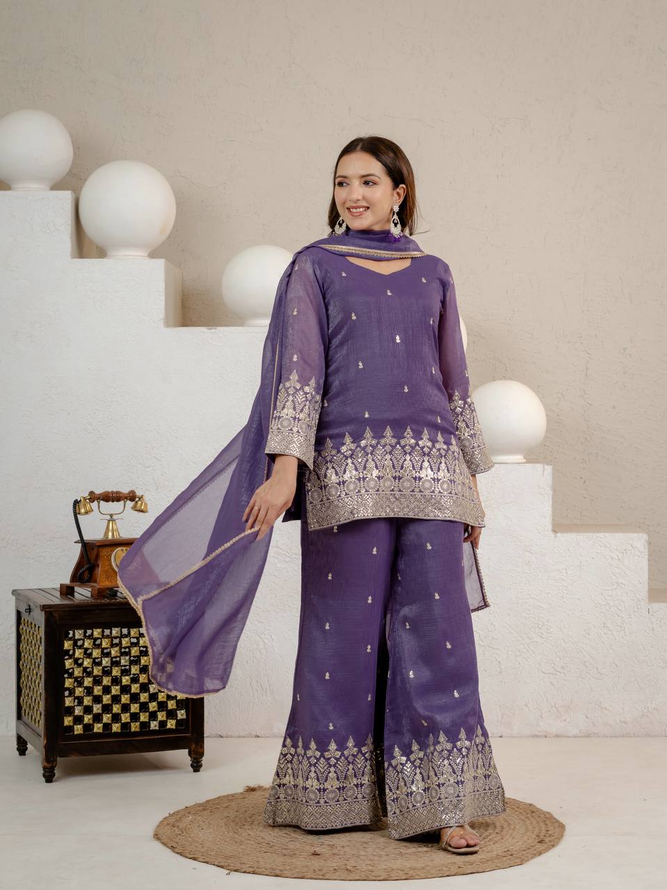 Elegant Lavender Embellished Kurta and Flared Sharara Set Featuring Intricate Silver Zari Embroidery and a Sheer Matching Dupatta